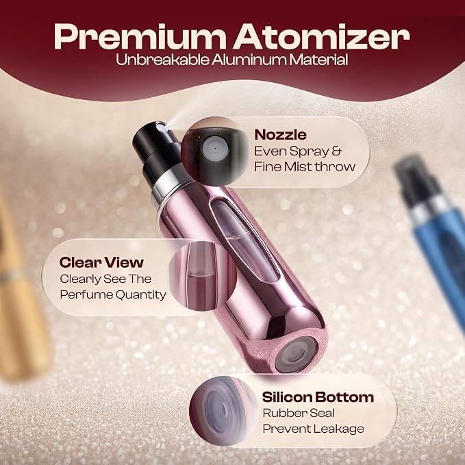 5ml Travel Perfume Bottle Refillable Atomizer Sprayer for Perfume,Leakproof Perfume Atomizer Travel, Portable Refillable Perfume Bottles, (Blue, Pink, Gold, Silver)