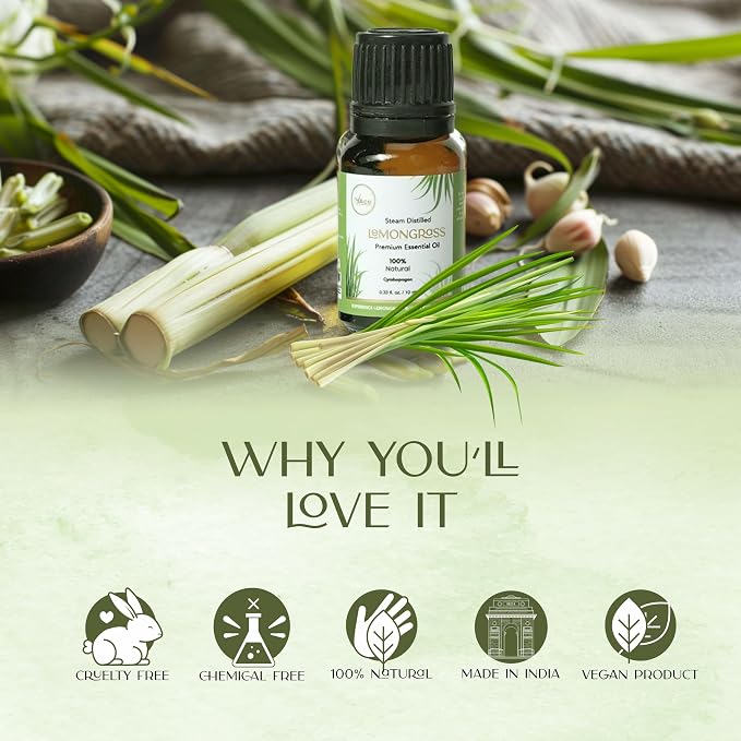 My ACE Lemongrass Essential Oil 0.33 Fl Oz - Pure & Natural - Premium Grade for Aromatherapy, Diffuser, Skin, Hair, Massage, Candle & Soap Making, Home - Glass Bottle with Dropper - Long Lasting Scent