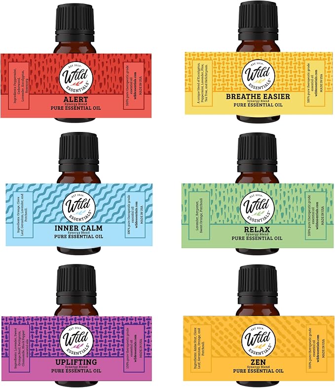 Wild Essentials 6 Pack Synergy Blend Aromatherapy Essential Oil Gift Set 100% Pure, Undiluted 10ml Bottles of Breathe Easy, Alert, Inner Calm, Relax, Uplifting, Zen, Made in USA