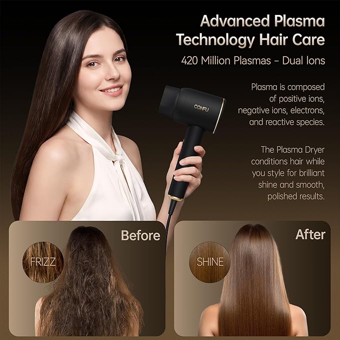 CONFU Diffuser Blow Hair Dryer - 420 Million Plasma Blowdryers for Curly/Fine/Thick/Frizzy Hair - Professional 1600 Watt Ionic Hairdryers Handheld Lightweight (Black)