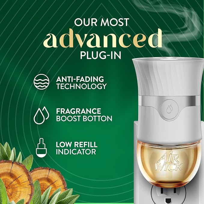 Air Wick Vibrant Plug In Scented Oil Warmer + Refills, Infused with Essential Oils, Plug In Air Fresheners for Home, White Sage & Mahogany, Gadget + 3 ct