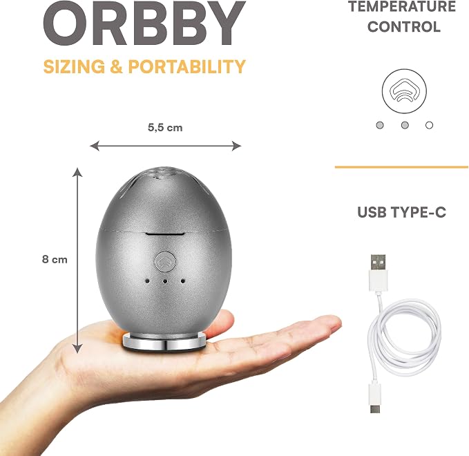 Orbby Electric Incense Warmer Silver | Smokeless Flameless Rechargeable Aroma Diffuser – Frankincense Bakhoor Agarwood Compatible | Pet & Kid Safe | Meditation Yoga Prayer Office Travel | Standard