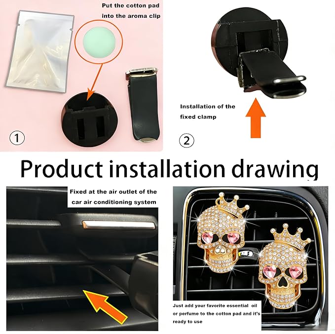 Skull Car Air Freshener Vent Clips, Gothic Car Accessories with 2 Scent Pads, Goth Car Accessories for Interior Decor, Custom Car Air Freshener Style, Customized Air Freshener for Cars-A3