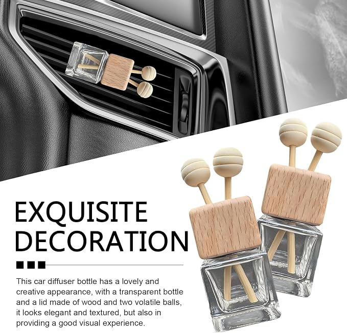 2PCS Car Air Diffuser Bottle Vent Clips, Refillable Empty Auto Essential Oil Glass Diffuser Bottle, Air Outlet Clip with Wooden Cap and Stick, Universal Car Interior Decor for Most Vehicles