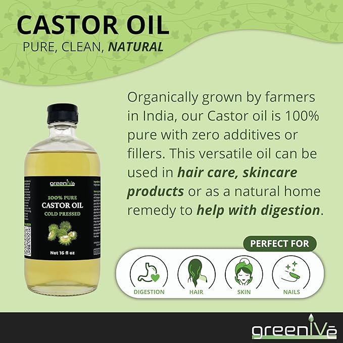 GreenIVe 100% Pure Glass Castor Oil - Cold Pressed - Hexane Free - Exclusively on Amazon (16 oz)