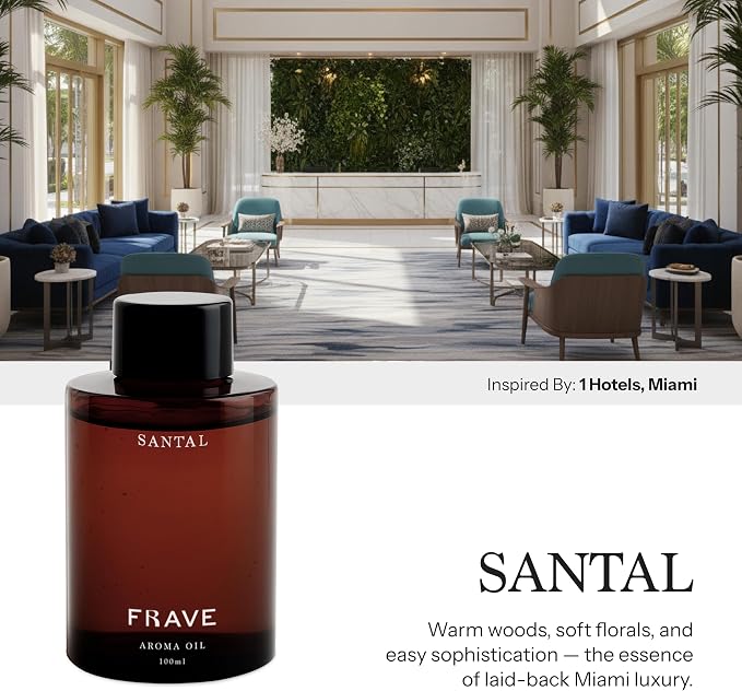 Santal Hotel Diffuser Oil, 100ml, 3.38 oz Aroma Oil, Scent Inspired by 1 Hotels Miami, Luxurious Relaxing Aromatherapy Refill Fragrance for Waterless Cold Air Diffusers, Home, Office, Hotel
