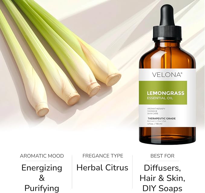 velona Lemongrass Essential Oil 4 Fl Oz | Therapeutic Grade | for Aromatherapy Diffuser, Massage, Skincare, Haircare, Soapmaking | Undiluted and Multipurpose in Glass Bottle