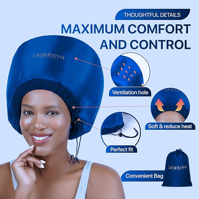 Granteva Hair Dryer Bonnet Attachment w/A Headband Integrated that Reduces Heat Around Ears & Neck - Blow Dryer Attachment for Hair Dryer, Speeds Up Drying Time
