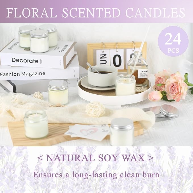 24 Pcs 4 Oz Mason Jar Candles, Lavender Scented Soy Candles Bulk Set for Stress Relief and Relaxation, Great Favors for Wedding, Christmas, Housewarming Gifts (Silver, Lavender, 24)