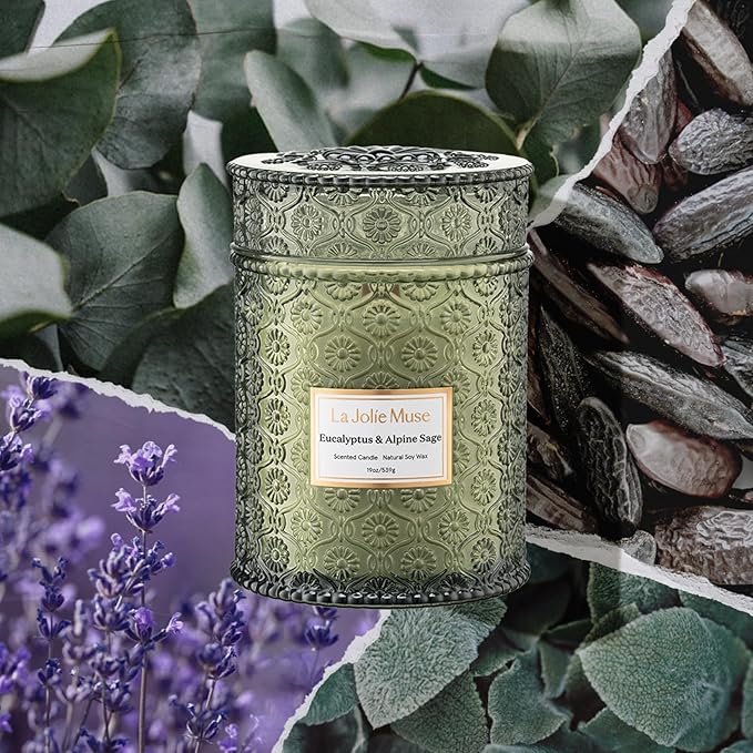 LA JOLIE MUSE Eucalyptus Sage Fresh Scented Candles for Home, 19 oz Soy Wax | Large Jar Luxury Candle, Clean Non Toxic, Gift for Women & Men, Relaxing Aromatherapy Candle, Decorative Candles, Wood Wick