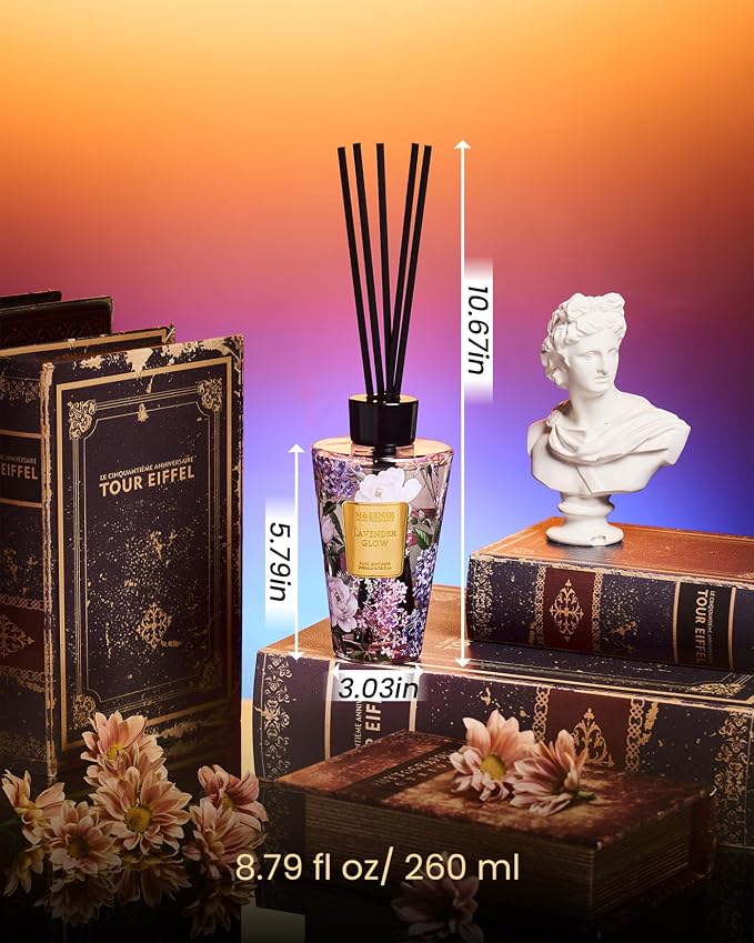 M&SENSE Lavender Glow Reed Diffuser Set - 8.79fl oz Home Fragrance Non-Toxic Essential Oil Diffuser with Sticks, Air Freshner Gifts for Bathroom Shelf Decor