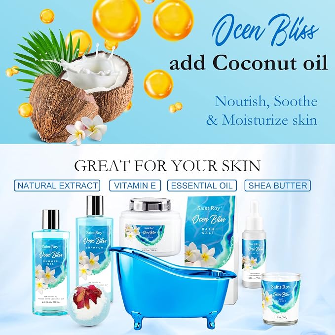 Father's Day Gifts for Women & Men Bath & Body Gift Set, Bath Basket Spa kit Gifts for Her Him Birthday Gift, Self-care Home Spa Kit, 8pcs Christmas Gift for Women Ocean Vanilla, Spa Gift Baskets