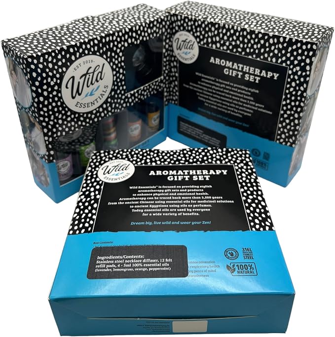 Wild Essentials Sun Mandala Necklace Essential Oil Diffuser Kit with Lavender, Lemongrass, Peppermint, Orange Oils, 12 Refill Pads, Calming Aromatherapy Gift Set, Customizable Color Changing, Perfume