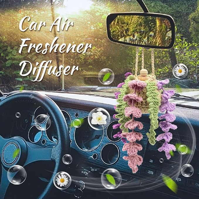 Crochet Car Air Freshener, 15ml Empty Refillable Oil Diffuser Bottle with Crochet Violet Hanging Plant for Car Rearview Mirror Decor, Handmade Home&Office Decor