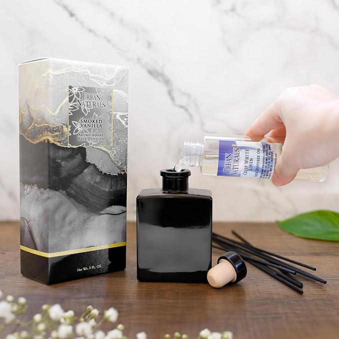 Urban Naturals Balsam Forest Reed Diffuser Oil Set – Fraser Fir, Evergreen, Pine, Woodsy Cedar and Sandalwood – 5 Ounce Sleek Black Rectangular Refillable Glass Bottle – Made in the USA