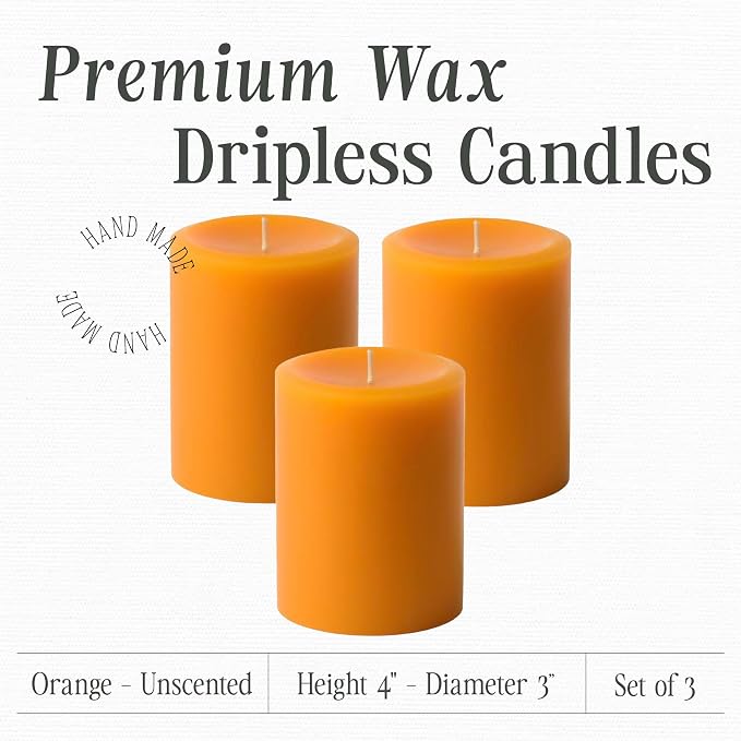 Mister Candle Dripless Unscented Orange Pillar Candles, Set of 3 Hand Poured Solid Color Non-Scented Candles for Home Decor, Premium Wax, 60 Hr Burn Time - 3x4 Inch, Orange
