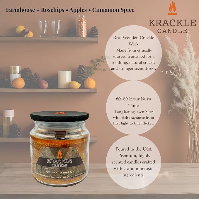 Krackle Candle | Farmhouse | 16 oz Scented Candle with Natural Crackling Wooden Wick | Poured in the USA | Rosehips, Apples & Cinnamon Spice Fragrance