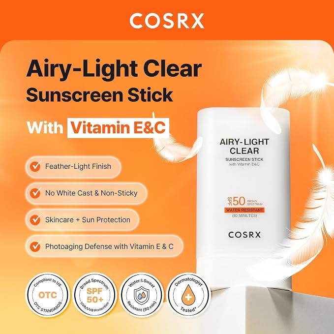 COSRX Airy-Light Clear Sunscreen Stick with Vitamin E&C SPF 50, 0.67 oz, 19g, Korean Suncreen Stick Suncare Sunblock, Lightweight, No White Cast, Water resistant, Oil Control Matte Sunscreen for Face