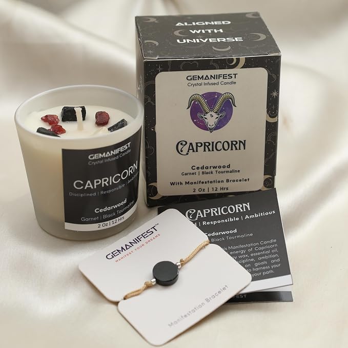 Capricorn Zodiac Candle Astrology Gifts for Women and Men with Capricorn Bracelet Cedarwood Candle with Healing Crystals Birthday Birthstone Manifestation Gifts