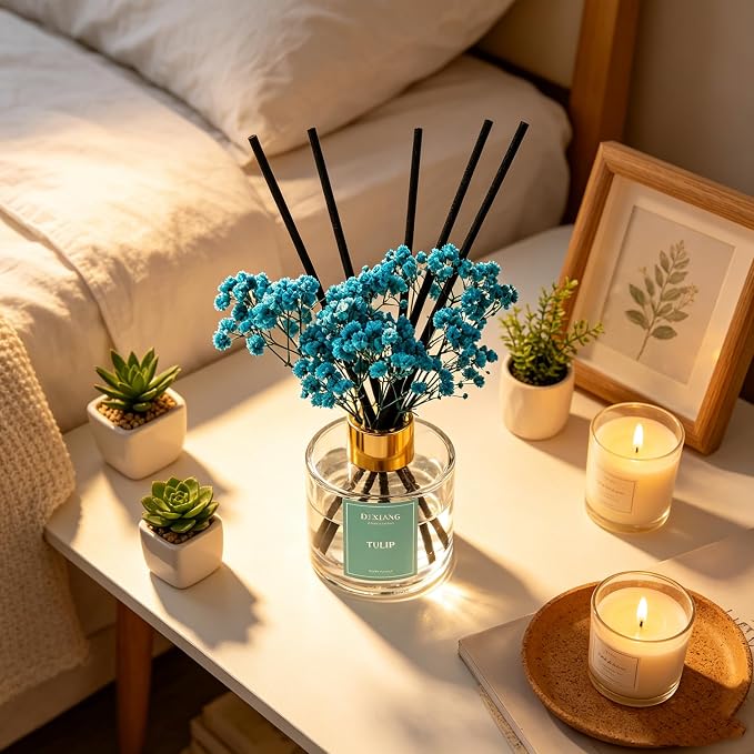 Reed Diffuser Set, 3.38 fl oz (100ml) Tulip Scent Oil Diffuser with 6 Reed Sticks, Natural Home Fragrance Reed Diffuser for Bathroom, Bedroom, Living Room Shelf Decor