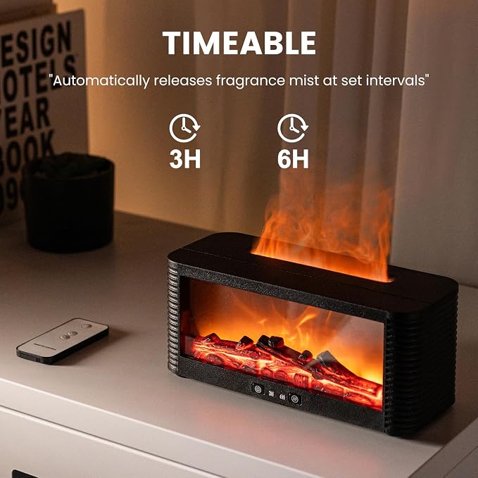 Flame Essential Oil Diffuser, 250ml Aromatherapy Humidifier with 9-Color Fireplace Light, Ultra-Quiet Cool Mist Maker, Remote, Timer, Auto-Off for Home, Office, Bedroom, Gift (Black)