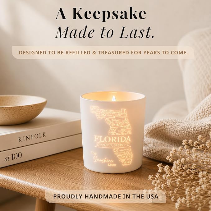 Florida Gifts - Glow-Through Engraved Candle - w/Tropical Fruits & Sugared Citrus Soy Candle I Florida Decor for Home I Florida Souvenirs I Florida State Gifts I 9oz Jar, 50Hr Burn, USA Made