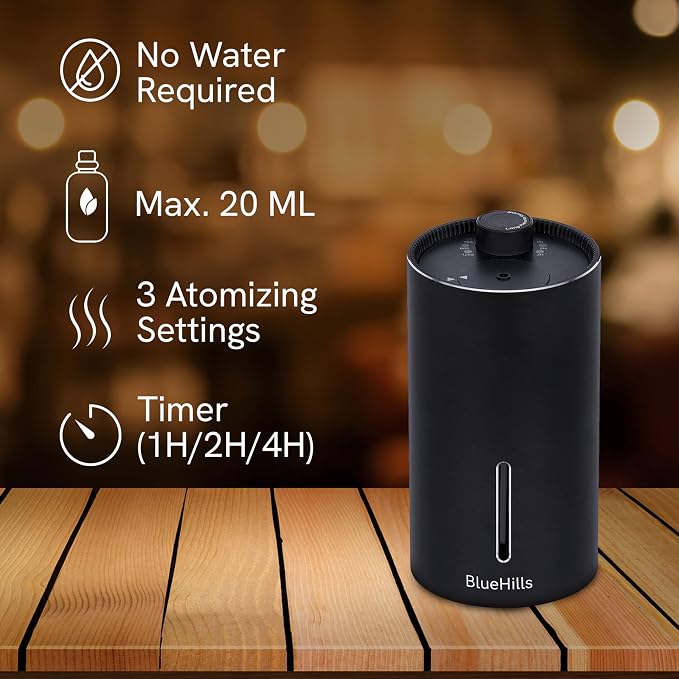 BlueHills Waterless Essential Oil Diffuser, Cordless Compact Battery-Operated Aromatherapy Mini Diffuser for Home Car Office Hotel Travel – J08 Black