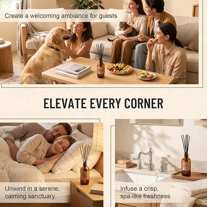 Auelife Reed Diffuser Set, Coastal Citrus 2 Pack 8 Fl Oz Scented Diffuser with Fiber Sticks, Home Fragrance Reed Diffuser for Bathroom Shelf Decor, Bedroom, Office & Housewarming Gift