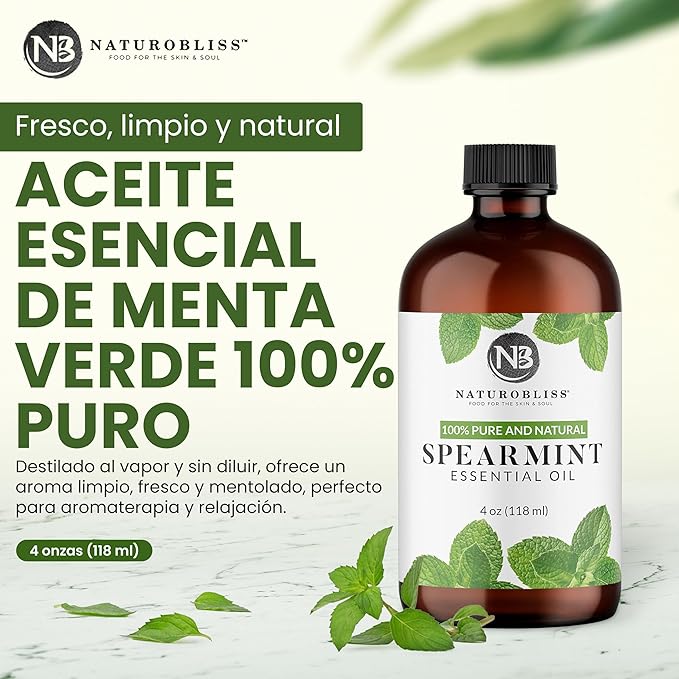 NaturoBliss Spearmint Essential Oil, 100% Pure and Natural Therapeutic Grade, Premium Quality Spearmint Oil, 4 fl. Oz - Perfect for Aromatherapy and Relaxation