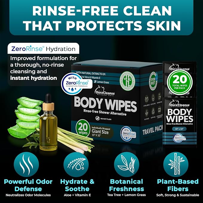 Travel Body Wipes for Men - 20 XL Shower Wipes for Adults Bathing No Rinse - Individually Wrapped 10”x10” Disposable Washcloths, Face Towels, Gym Mens Deodorant Sheets, Camping Essentials & Must Haves