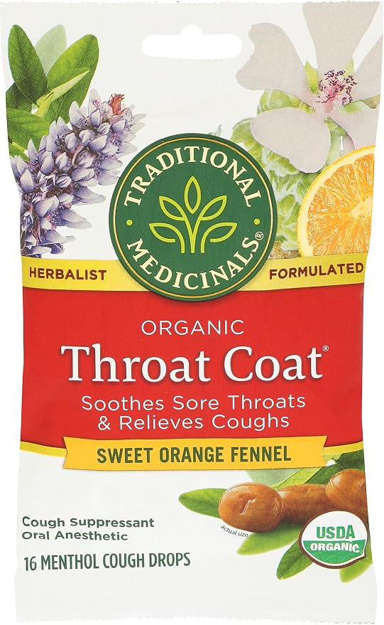 Traditional Medicinals Organic, Throat Coat Lozenges, Sweet Orange Fennel with Menthol - Herbal Cough Drops, Helps Soothe Sore Throat & Relieve Cough - Non-GMO, Stimulant-Free - 16 Count