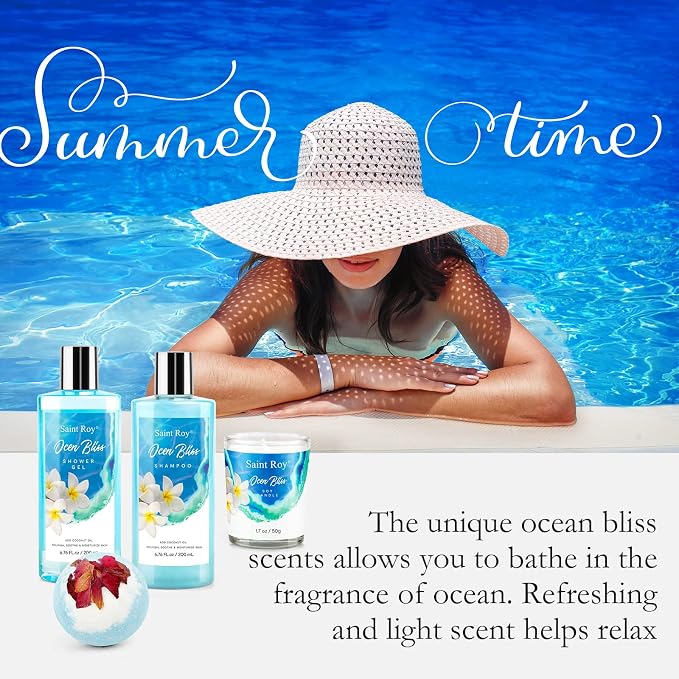 Father's Day Gifts for Women & Men Bath & Body Gift Set, Bath Basket Spa kit Gifts for Her Him Birthday Gift, Self-care Home Spa Kit, 8pcs Christmas Gift for Women Ocean Vanilla, Spa Gift Baskets
