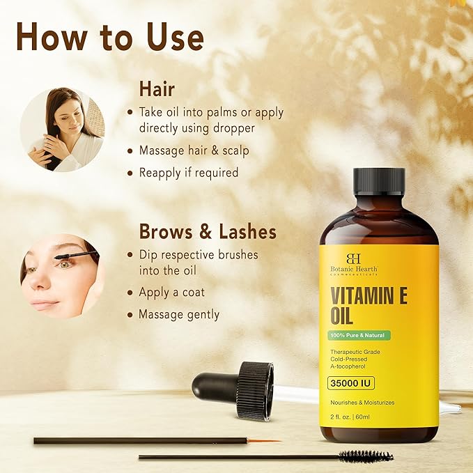 Botanic Hearth Vitamin E Oil 2 Fl Oz |100% Pure and Natural- Cold Pressed & Hexane Free Natural Hair Growth Oil for Eyelashes, Eyebrows, Skin, Body, Face, Nails & Scalp