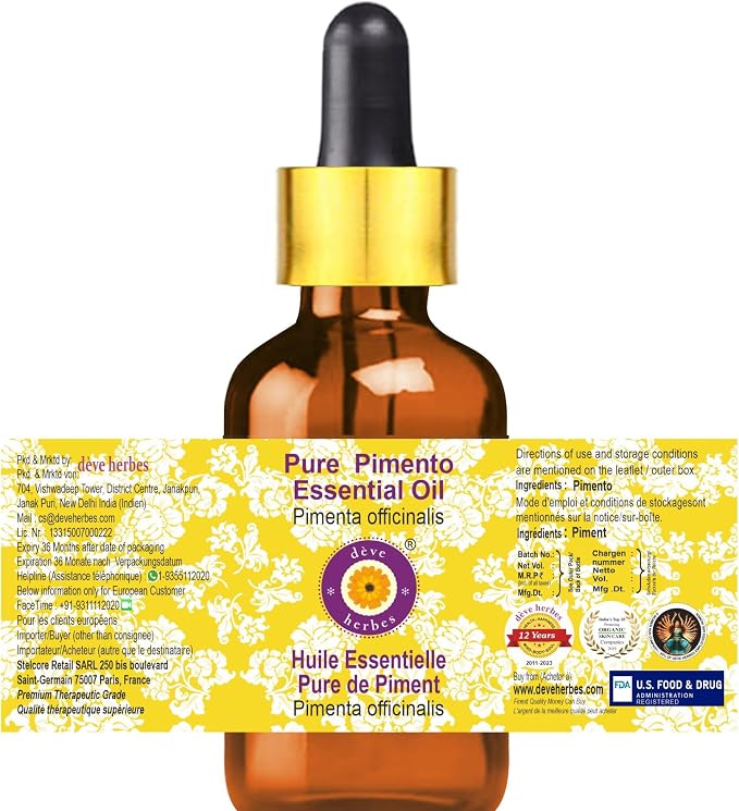Deve Herbes Pure Pimento Essential Oil (Pimenta officinalis) with Glass Dropper Steam Distilled 30ml (1 oz)