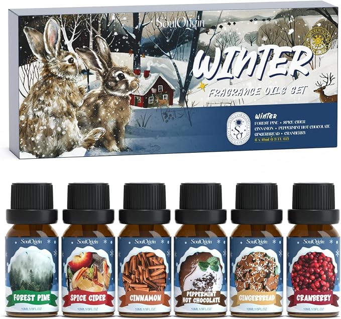 SoulOrigin Winter Essential Oils Set, Fragrance Oil Gift Set for Oil Diffusers, Scented Oils for Soap 6x10ml - Forest Pine, Spiced Apple Cider, Cinnamon, Mint Hot Chocolate, Gingerbread, and Cranberry