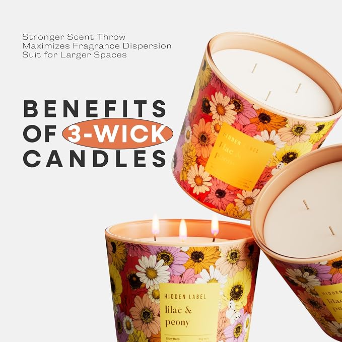 Lilac & Peony Scented Candle, 30oz Large 3 Wick Soy Candle for Home, 100 Hours Long Burning Highly Scented Candles, Luxury Glass Jar Candle, Gifts for Women, Mother's Day, Home Decor
