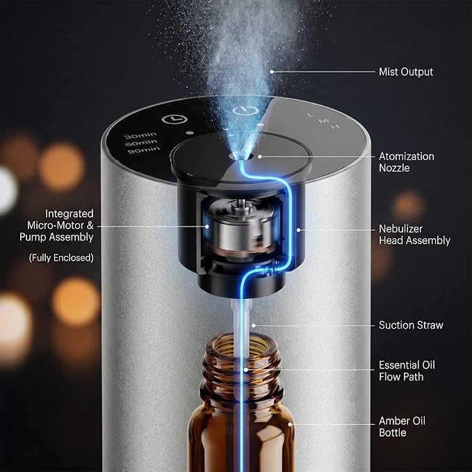 Homease Waterless Essential Oil Diffuser, Portable Cordless Aromatherapy with 3 Timers & Mist Levels, Rechargeable for Home Car Office, Premium Metal Silver