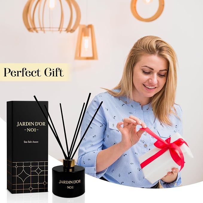 Premium Reed Diffuser Set for Home, Bath & Office Decor - 6.7oz (200ml) - Child & Pet Friendly Sea Salt Scented Oil - Reusable, Refillable Glass Bottle Fiber Sticks
