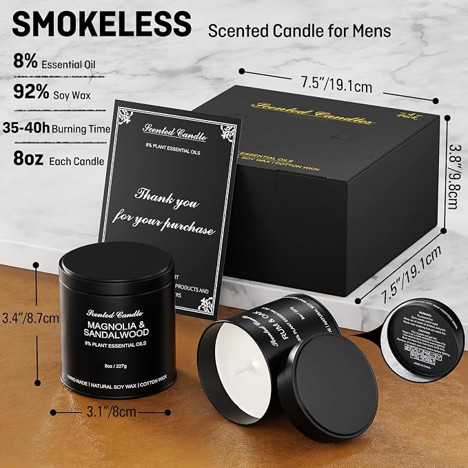Scented Candles for Men Set - 4 Pack Luxury Soy Wax Candles, 8oz Large Strong Scented Candles, Masculine Essential Oil Candles for Home, Aromatherapy Gift of Dad, Husband, Boyfriend