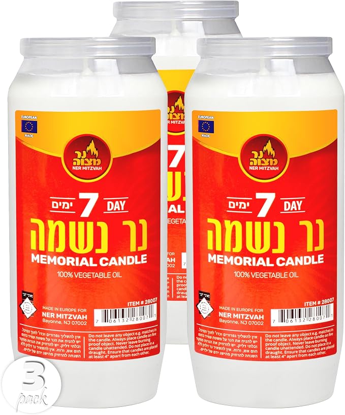 Ner Mitzvah 7 Day Yartzeit Candle - 3 Pack Kosher Yahrtzeit Memorial and Yom Kippur Candle in Plastic Holder