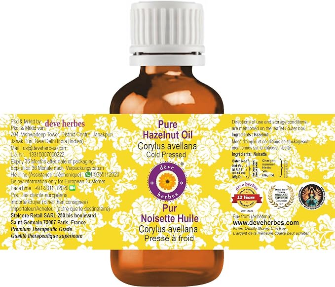 Deve Herbes Hazelnut Oil (Corylus avellana) | Cold Pressed | Pure | Natural | Undiluted | For Diluting Essential oils | For Skin & Massage | Non-Sticky | Lightweight | Men & Women | 15ml (0.50 oz)