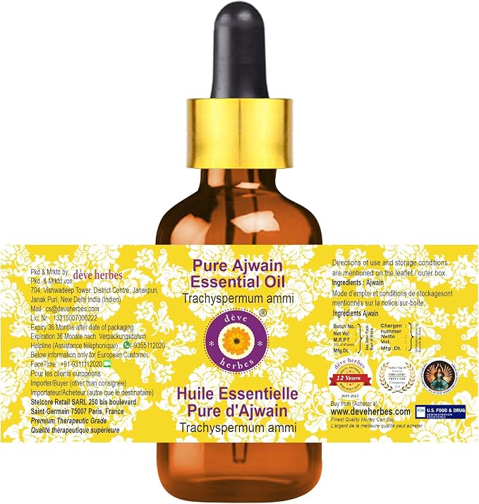 Deve Herbes Pure Ajwain Essential Oil (Trachyspermum ammi) with Glass Dropper Steam Distilled 5ml (0.16 oz)