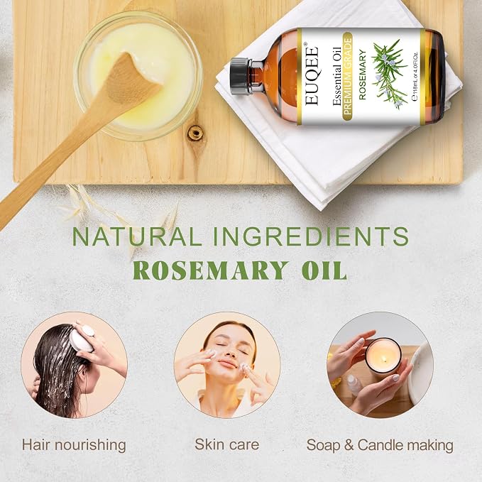 EUQEE Rosemary Essential Oil 118ML, Pure Rosemary Oil for Diffuser, Hair Care, Skin Care, Diffuser, Soap Candle Making - 4 Fl Oz