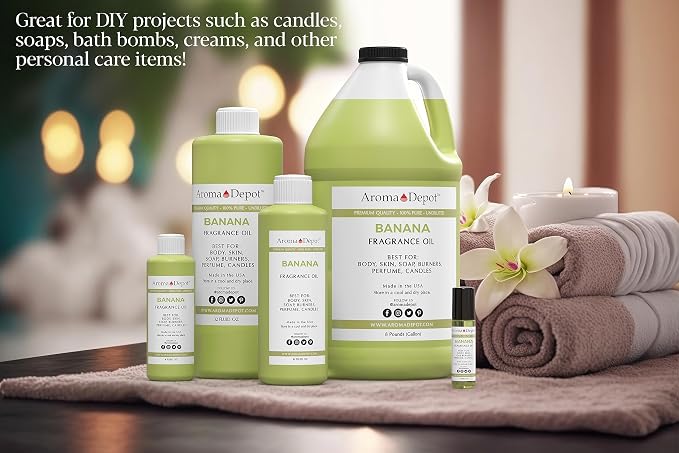 Aroma Depot Banana 4 oz. Fragrance Oil I Perfume I Skin Oil I Scented Oil. DIY Projects Such as Candles, Bath Bombs, Body Butters, Creams & Lotions. Few Drops in The Diffuser, Burners, or Warmers.