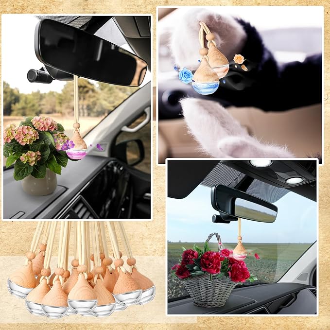 Rtteri 50 Pcs Car Air Fresheners Diffuser for Essential Oil Empty Hanging Bottle Glass Bottles Refillable Perfume Pendant Aromatherapy Fragrance Ornament Decor(Simple Style)