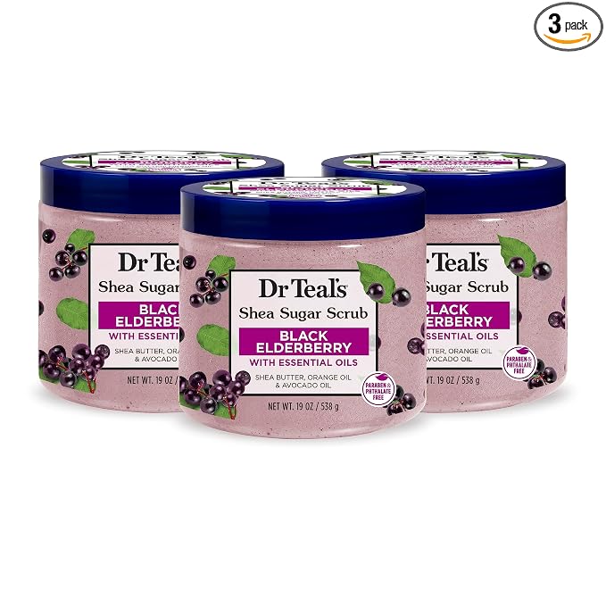 Dr Teal's Shea Sugar Body Scrub, Black Elderberry with Essential Oils, 19 oz (Pack of 3)