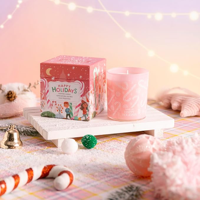ROMIIE ZOI Christmas Scented Jar Candle - 6oz Soy Wax Candle - Happy Holidays Infused with Peppermint Aroma - with Beautiful Keepsake Box Special for Holiday Gifts