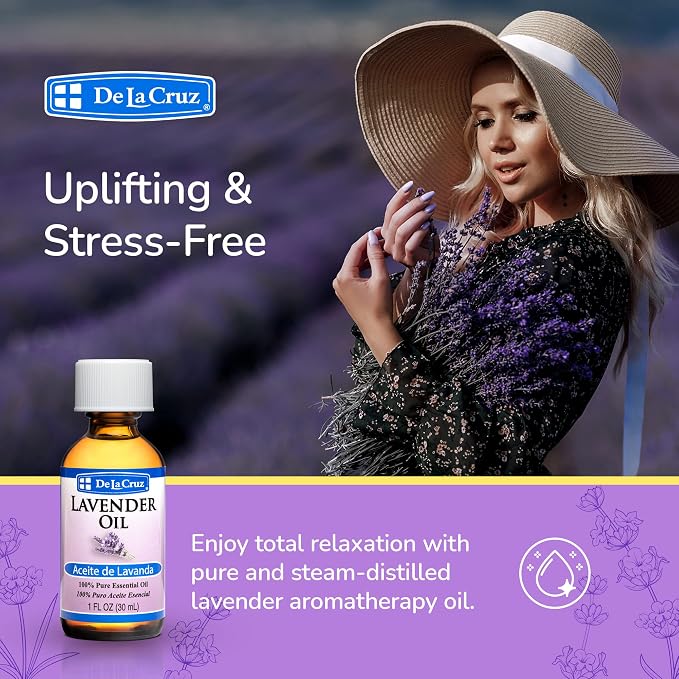 De La Cruz Lavender Essential Oil Steam-Distilled - 100% Pure Lavender Oil for Aromatherapy 1 FL OZ