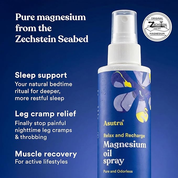 ASUTRA Zechstein Pure Magnesium Oil Spray for Feet and Leg Cramps, Topical Magnesium Spray for Tired Muscles and Better Sleep, Sensitive Skin Formula, Less Sting Less Itch (2 Pack, 4 Fl Oz)
