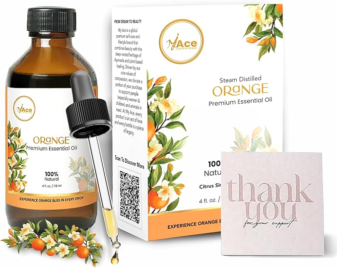 My ACE Orange Essential Oil 4 Fl Oz - 100% Pure & Natural - Premium Grade for Aromatherapy, Diffuser, Skin, Hair, Massage, Candle & Soap Making, Home - Glass Bottle with Dropper - Long Lasting Scent